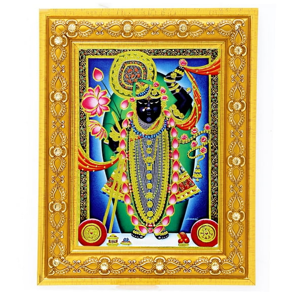 Bm Traders Shreenathji Golden Art Work Colour Photo In Golden Wall Hanging-/-TableTop Frame (7.50 X 9.50 Inch) OR (19.05 X 24.13 Cm) Religious Gifting