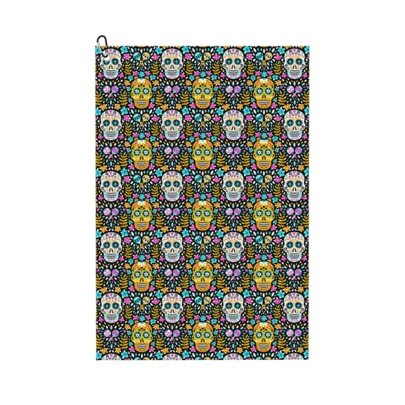 Kdxio Sugar Skulls Pattern Golf Towel (24" X 16") with Carabiner Clip - The Convenient Golf Cleaning Towel