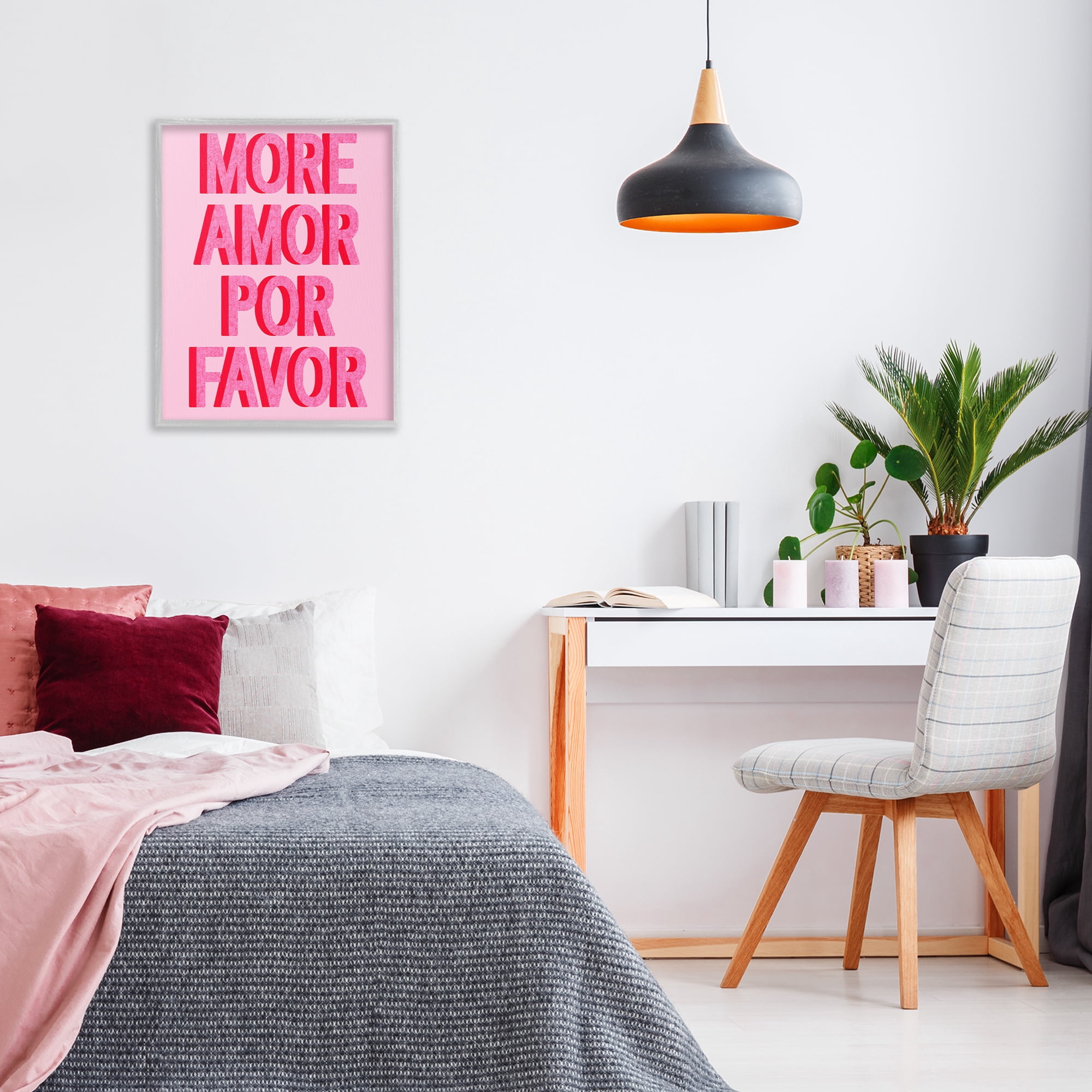 Stupell Industries Pink More Amor Typography Painting Gray Framed Art Print Wall Art, 24 x 30