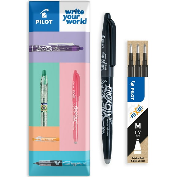 Pilot Frixion Heat/Friction Erasable Rollerball Pen FR7 - 0.7mm - Wallet of 1 Pen   3 Refills - Black
