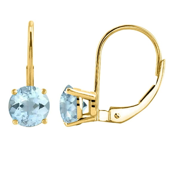 MauliJewels Earrings for Women 1.5 Carat 6MM Round Aquamarine Leverback Earrings Carat 14K Yellow Gold 4-prong