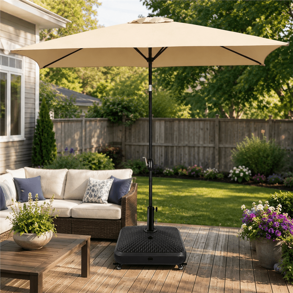 Renwick 123lb Rolling Fillable Patio Umbrella Base, Faux Rattan, Black