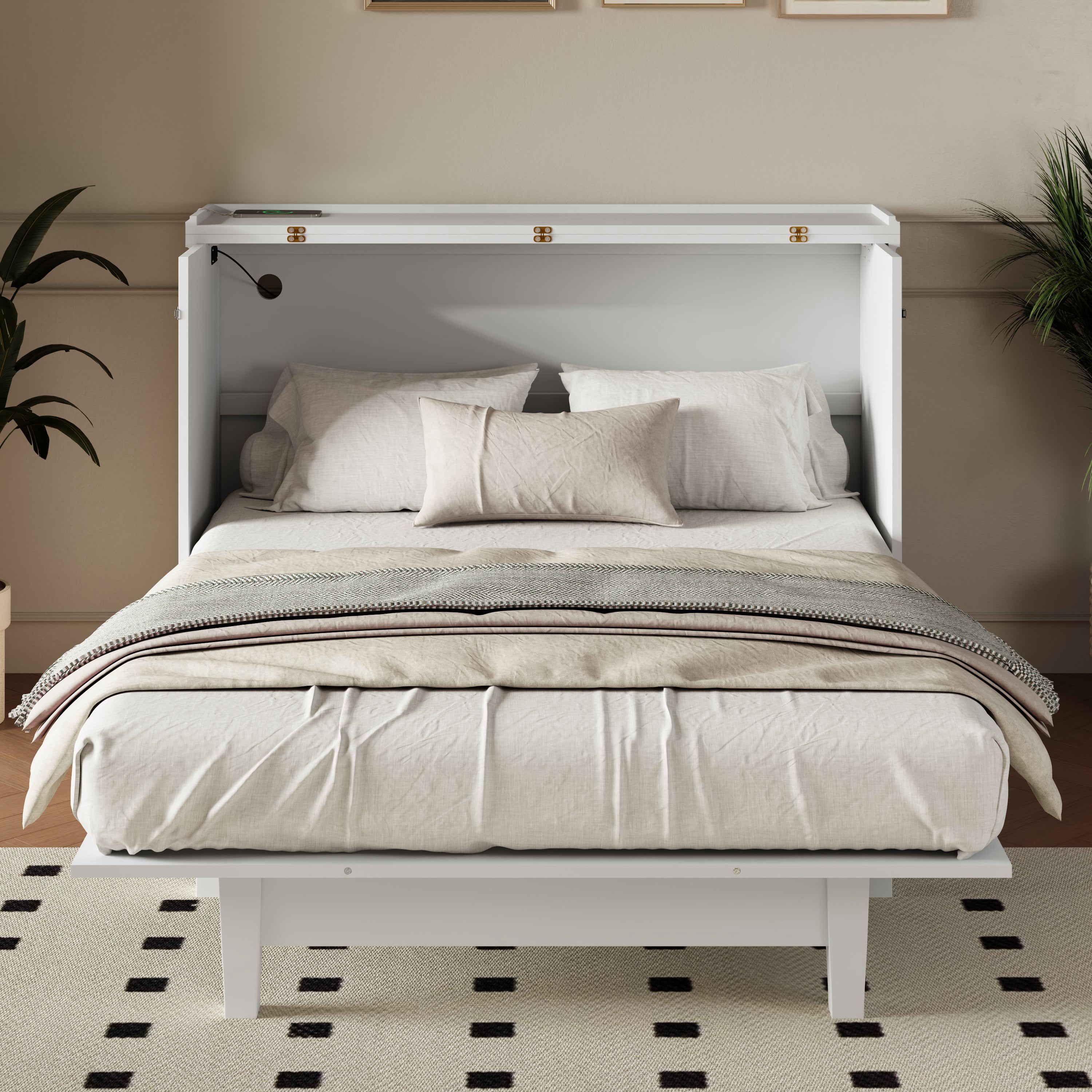 Euroco Wood Queen Murphy Bed with Drawers and USB Charging Station,Convertible for Adults,White