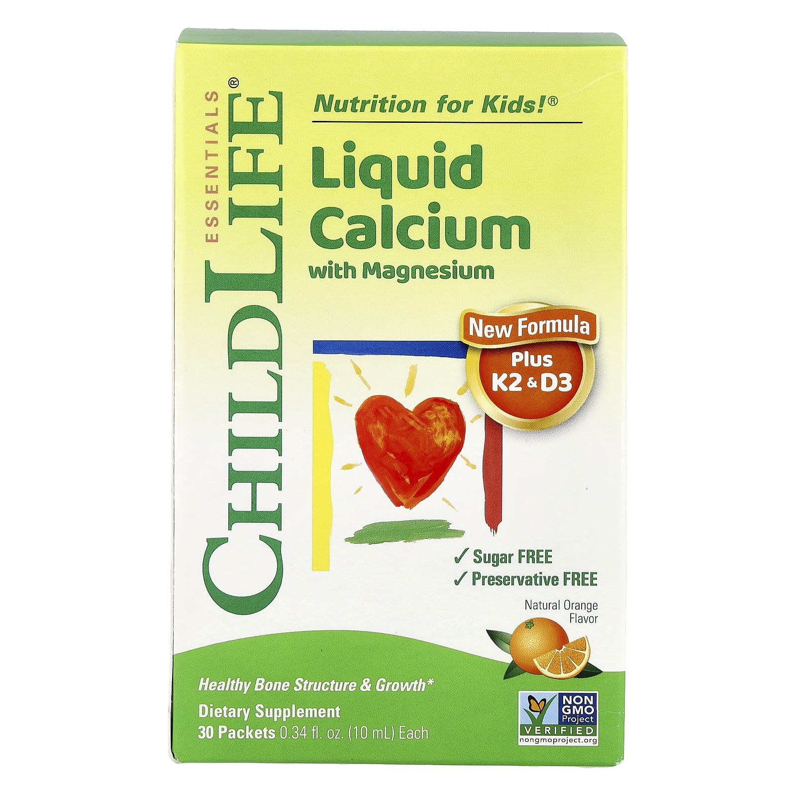 ChildLife Essentials Liquid Calcium with Magnesium Plus K2 & D3, Natural Orange, 30 Packet, 0.34 fl oz (10 ml)