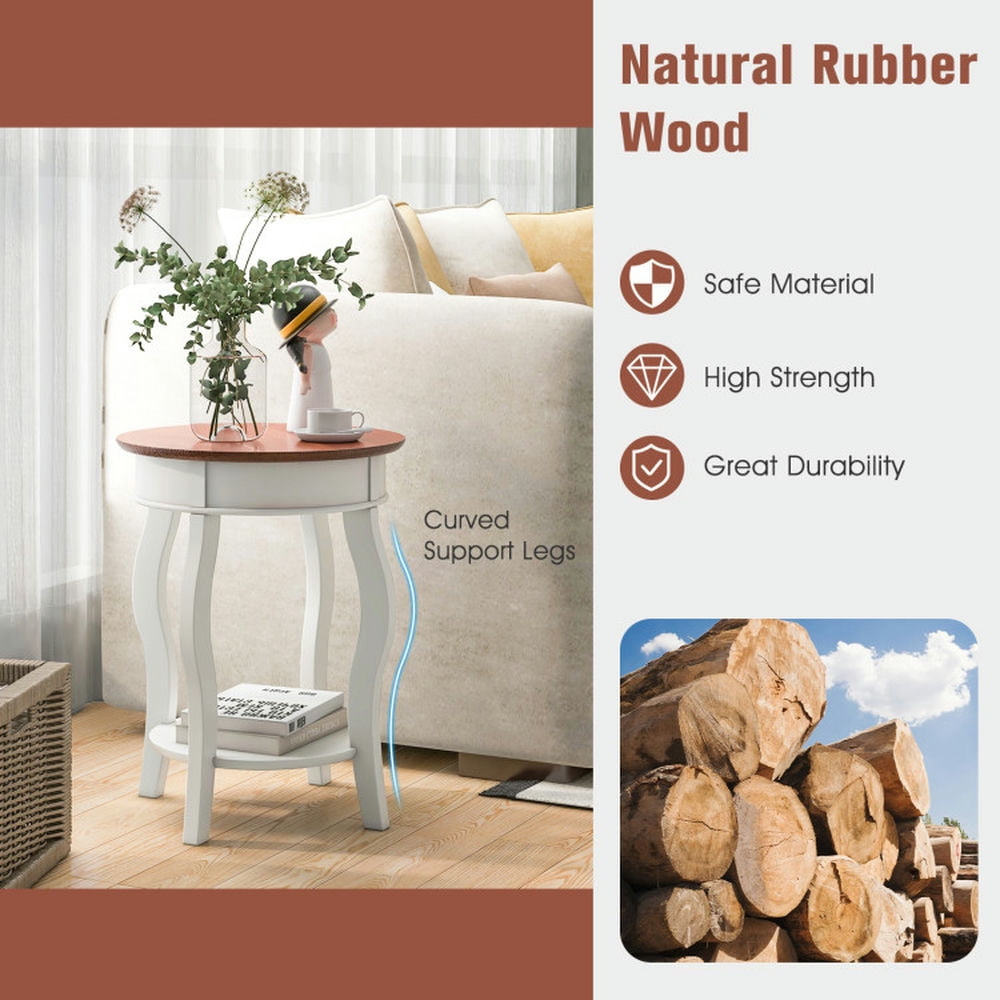 Finihen End Table, Round End Table, 2-Tier Round End Table with Storage Shelf and Solid Rubber Wood Legs, Sofa Side Table, Bed Side Table, for Living Room, Bedroom, Walnut & White Finihen End Table, Round End Table, 2-Tier Round End Table with Storage Shelf and Solid Rubber Wood Legs, Sofa Side Table, Bed Side Table, for Living Room, Bedroom, Walnut & White
