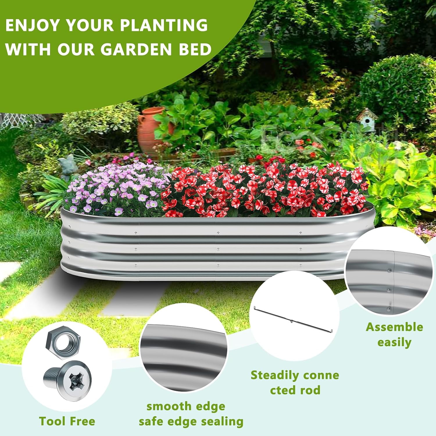 2 Pack Galvanized Raised Garden Bed Metal Oval Raised Garden Beds Outdoor Planter Box for Vegetables (8x2x1FT, Silver)