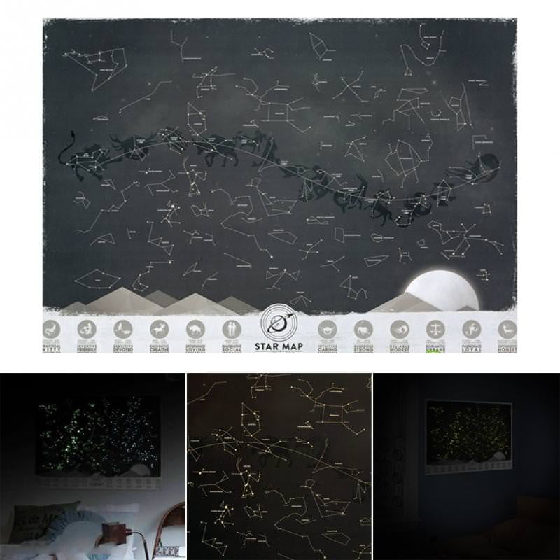Glow in The Dark Zodiac Night Sky Atlas Wall Poster Constellations Star Map