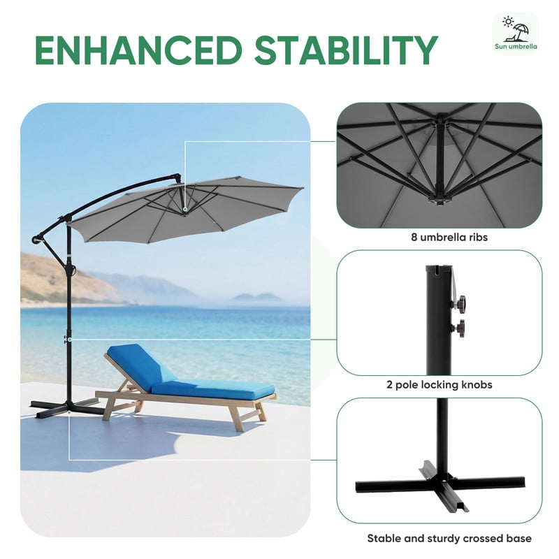 Gianna Outdoor Patio Umbrella, 10ft Offset Hanging Patio Umbrella with Aluminum Stand, 8 Ribs, UV Protection for Pool Garden Backyard Market, Gray