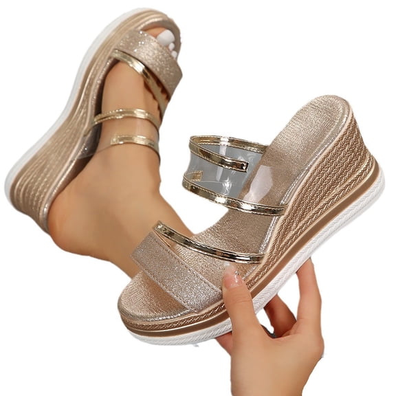 MuXiKeJi Clothes Women's Glitter Strappy Wrapped Wedge Heel Platform Sandals Comfortable Open Toe Dress Shoes Double Strap On Arch Support Beach Sandals
