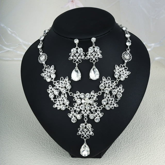 Nvzi Conjunto de joyas de diamantes de imitación con forma de lágrima para novia, collar y pendientes para boda, A30