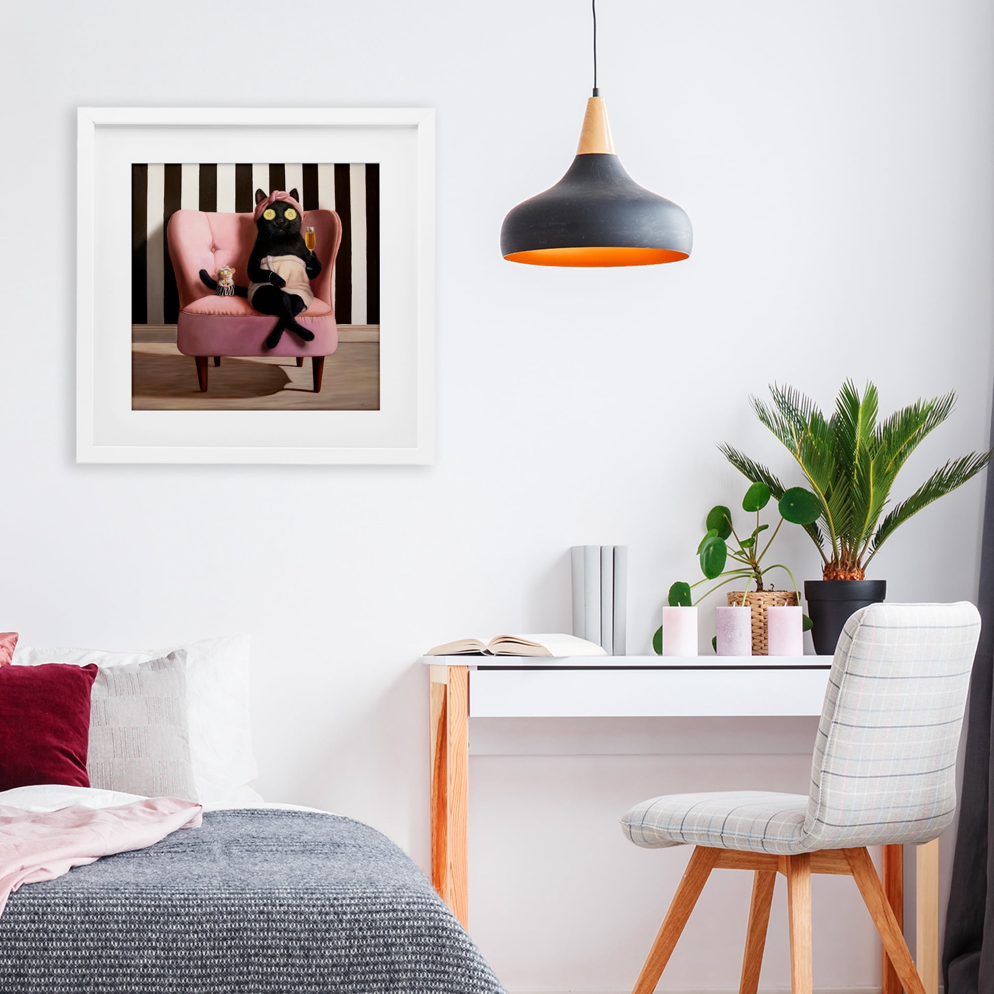 Stupell Industries Pamper Party Cat White Framed Print Under Glass, design by Lucia Heffernan