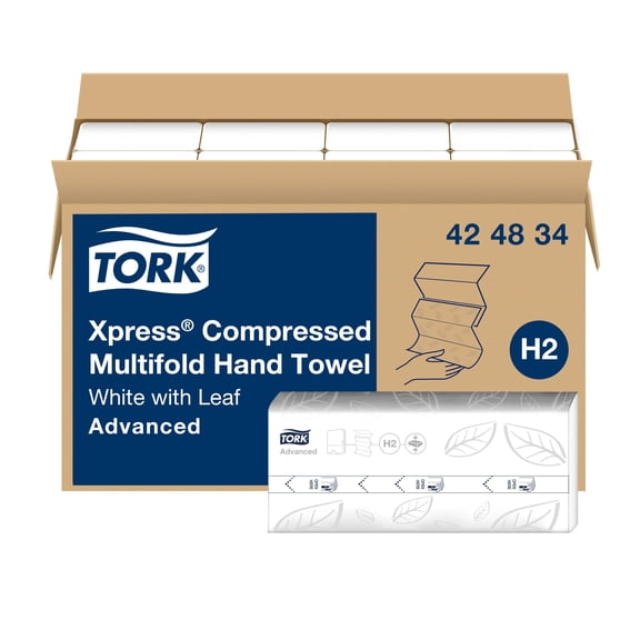Tork Xpress Compressed Multifold Hand Towel White H2, Advanced, Strong and Absorbent, 12 x 250 Sheets, 424834