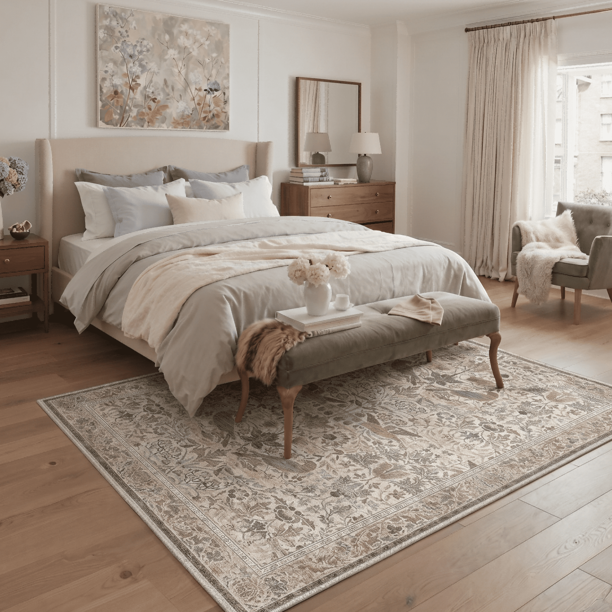 KUETH 8'x10' Vintage Floral Area Rugs for Living Room, Non Slip Machine Washable Forest Bird Rug, Low Pile Print Rug for Bedroom Dining Room Home Office