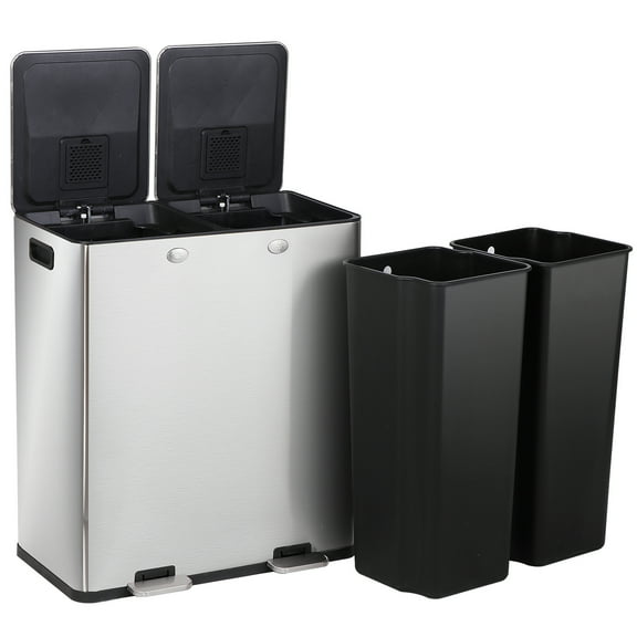 SSyao Double Stainless Steel Trash Can 2 x 8 Gallon Recycling Bins w/Foot Pedals Slive