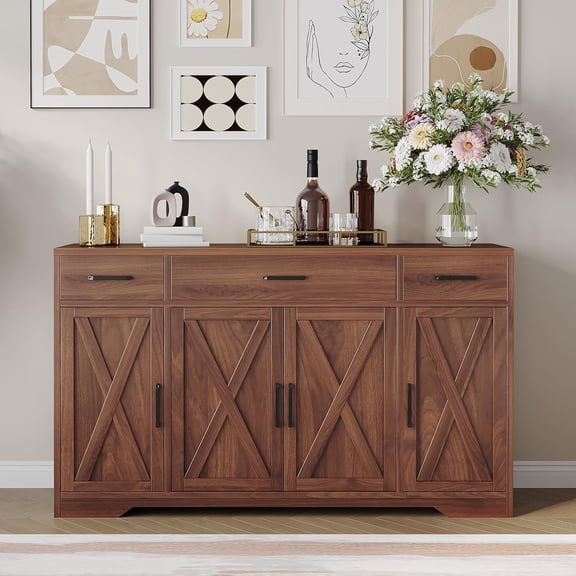 55In Farmhouse Buffet Sideboard Cabinet with 4 Doors 3 Drawers and Adjustable Shelf Storage Walnut