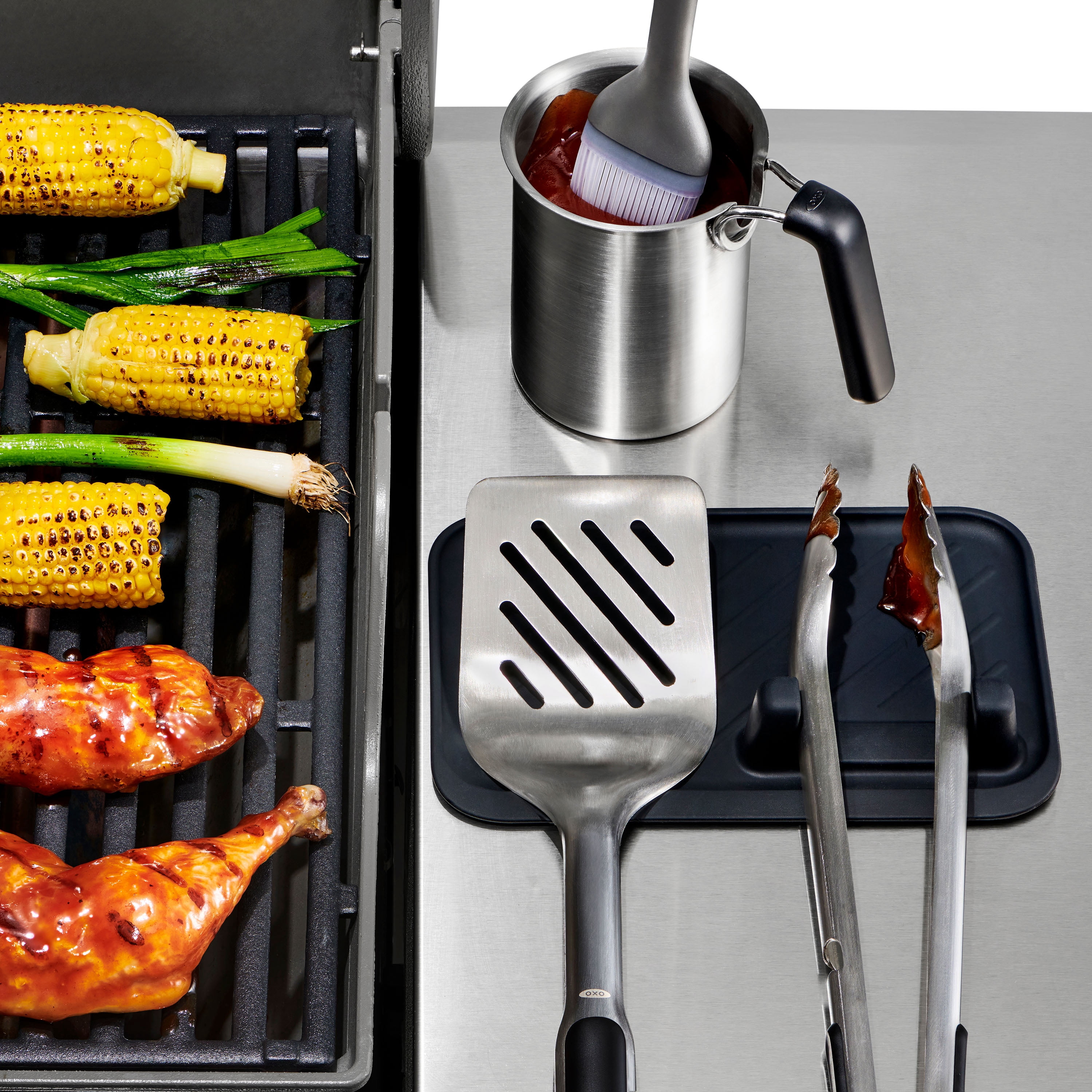 OXO Grilling Heat-Resistant Silicone Tool Rest, BBQ Utensil Holder for Grill Tools, Tongs, Spatulas and Basting Brushes
