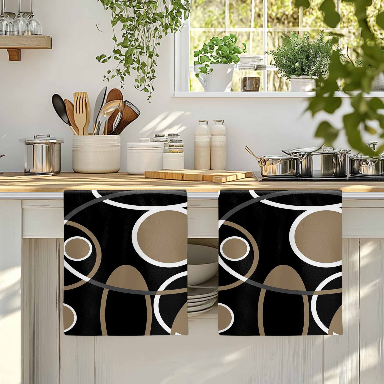 Dish Towels, Black Brown Circle Absorbent Kitchen Towels 2 PCS, Geometri Stripe Lines Abstract Art Microfiber Hand Towels Dish Cloths Tea Towels for Home&nbsp;Bathroom Cleaning Drying,18X28-Inch,