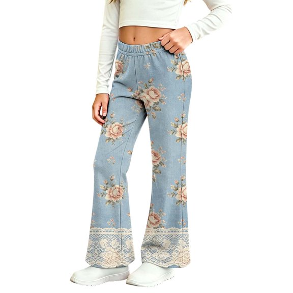 MuXiKeJi Clothes Baggy Jeans for Cute Print Elastic Waist Wide Leg Flared Denim Pants Regular Fit Long Casual Bottoms Girls Denim Jeans