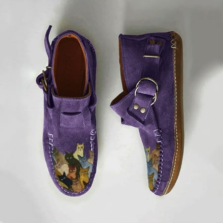 

Women s Shoes Round Toe Retro Cartoon Print Ethnic Style Suede Buckle Flat Casual Shoes