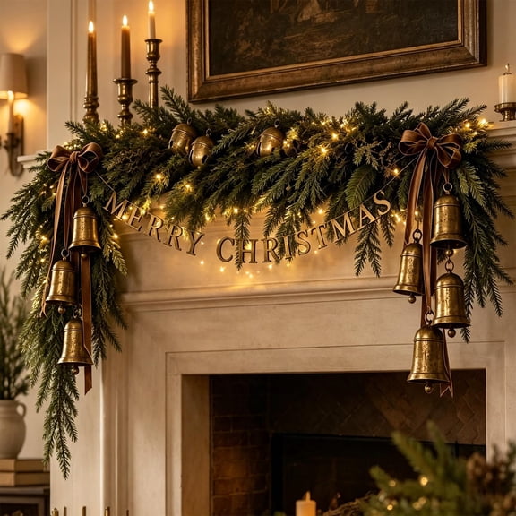 Miwamany Christmas Decorations, Lit Christmas Arch with Bells Velvet Bow Merry Christmas Banner, Front Door Mantel Garland Winter Decor for Home Indoor