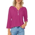 thumbnail image 6 of Txenfivo Henley T-Shirt for Women Linenn Shirts 3/4 Length Sleeve Solid Color Front Button Minimalist Blouse, Casual for Daily Wear V Neck Summer Tops for Women, Hot Pink, S-3XL, 6 of 9