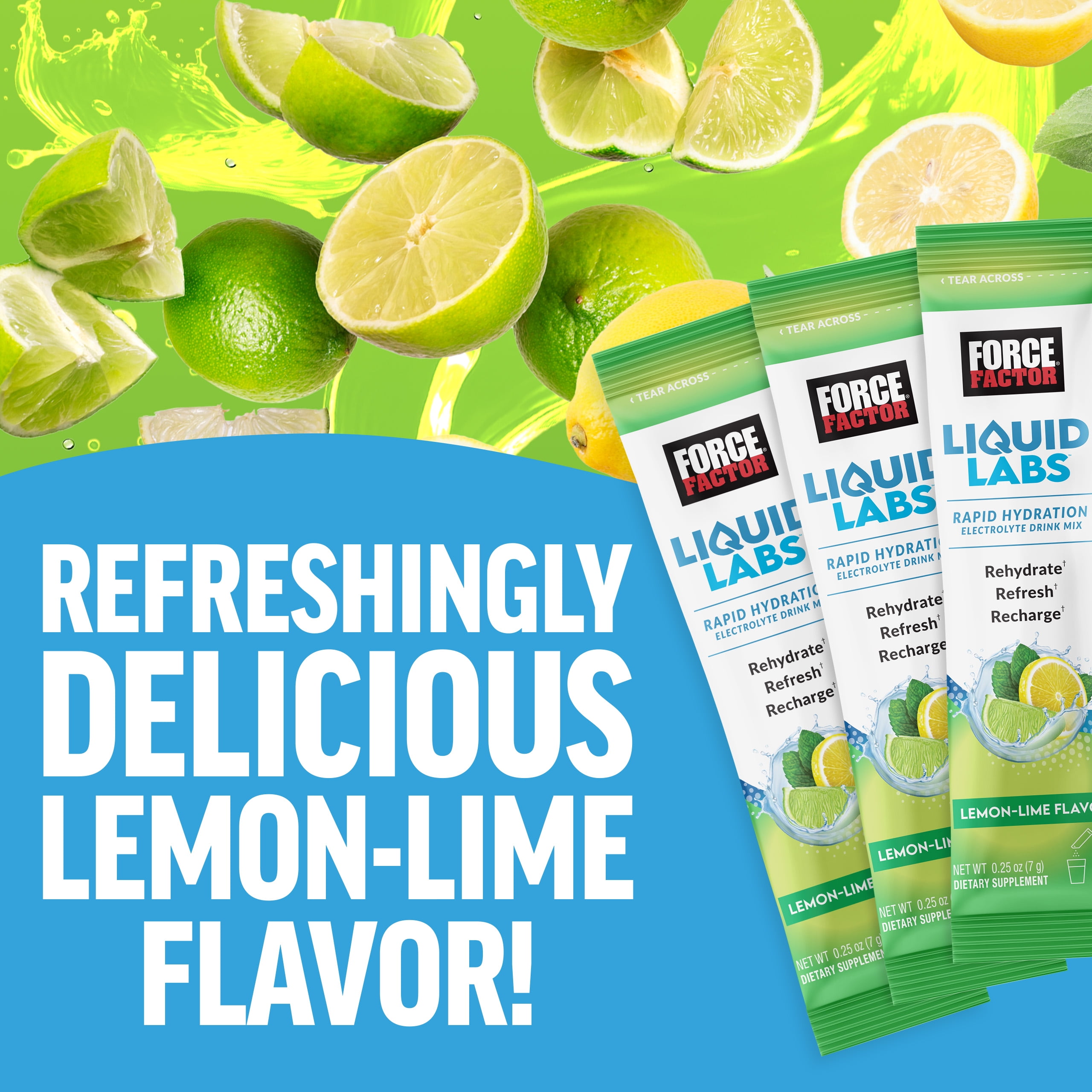 Force Factor Liquid Labs Electrolyte Powder, Hydration Powder with 5 Electrolytes, Vitamins, Minerals & Antioxidants, Lemon Lime, 20 Stick Packs