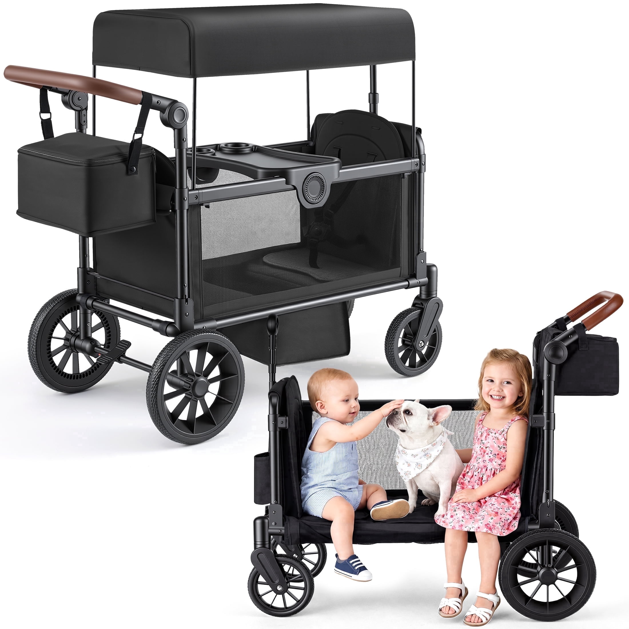 HARPPA Wagon Stroller for 2 Kids, Foldable Kids Wagon with Canopy, 5-Point Harness,Bench Seat, All-Terrain Toddler Wagon Stroller, Black