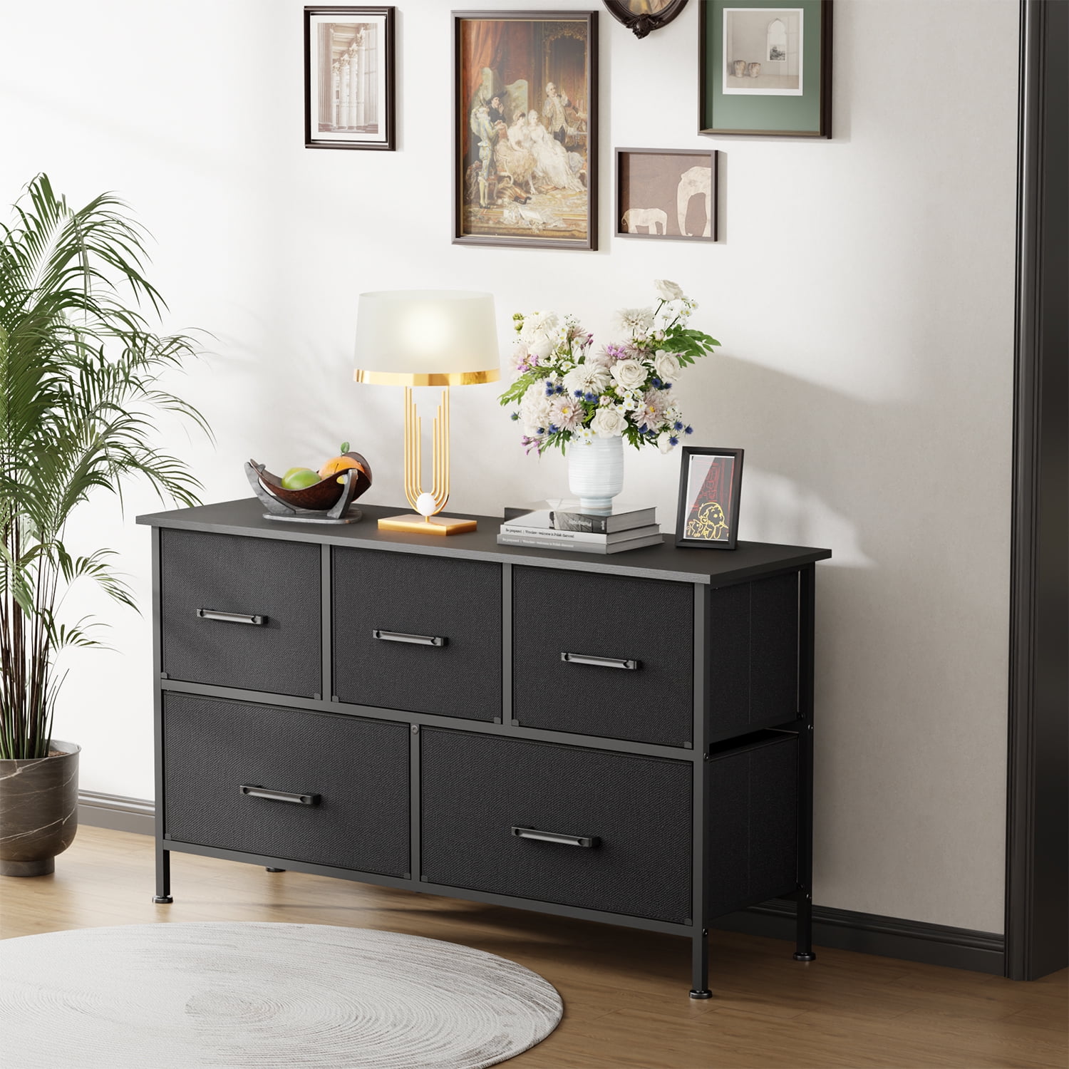 FDW 5 Fabric Drawers Dresser Modern Chest Organizer Black