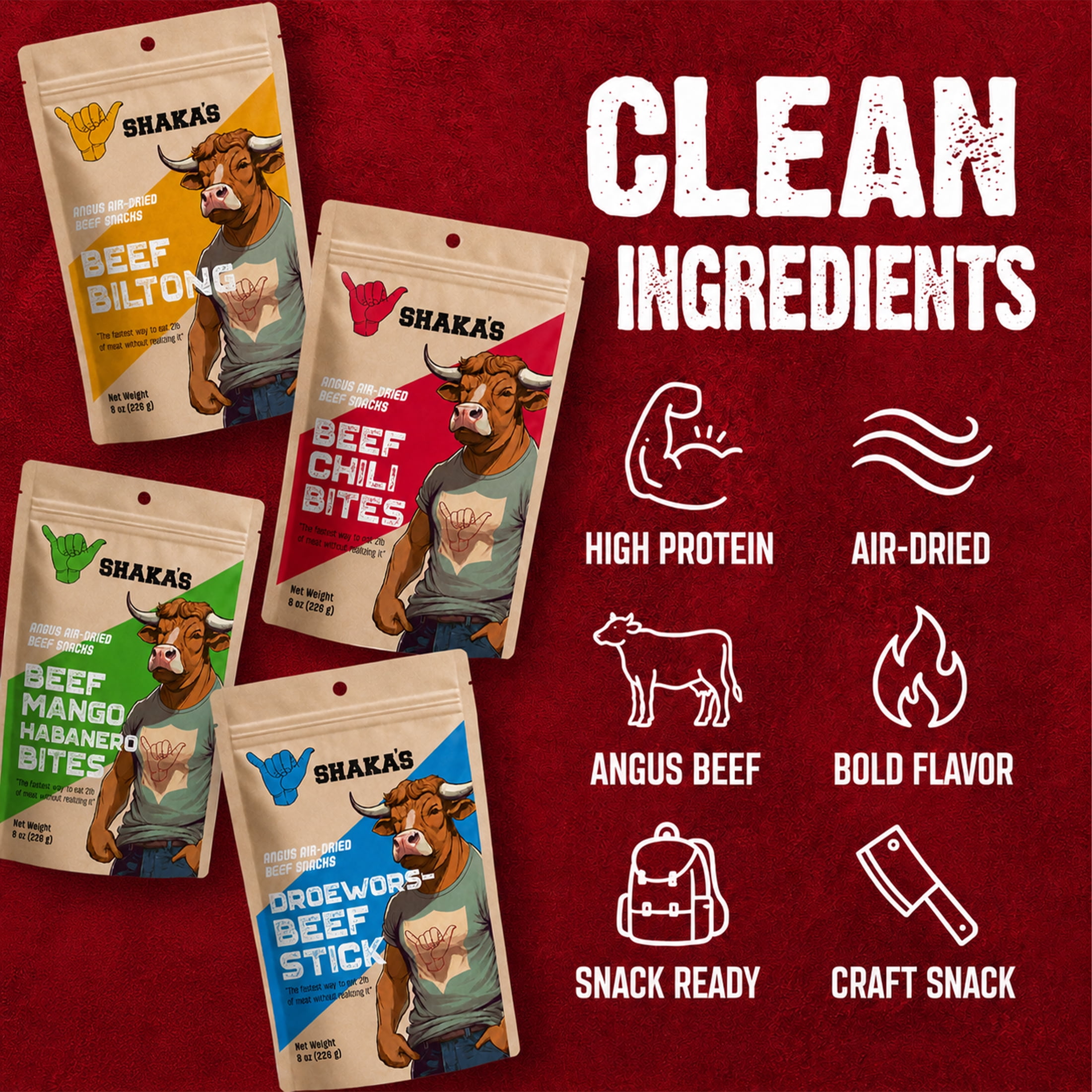 SHAKA'S Angus Air-Dried Beef Snacks Biltong 8 0z - Bundle