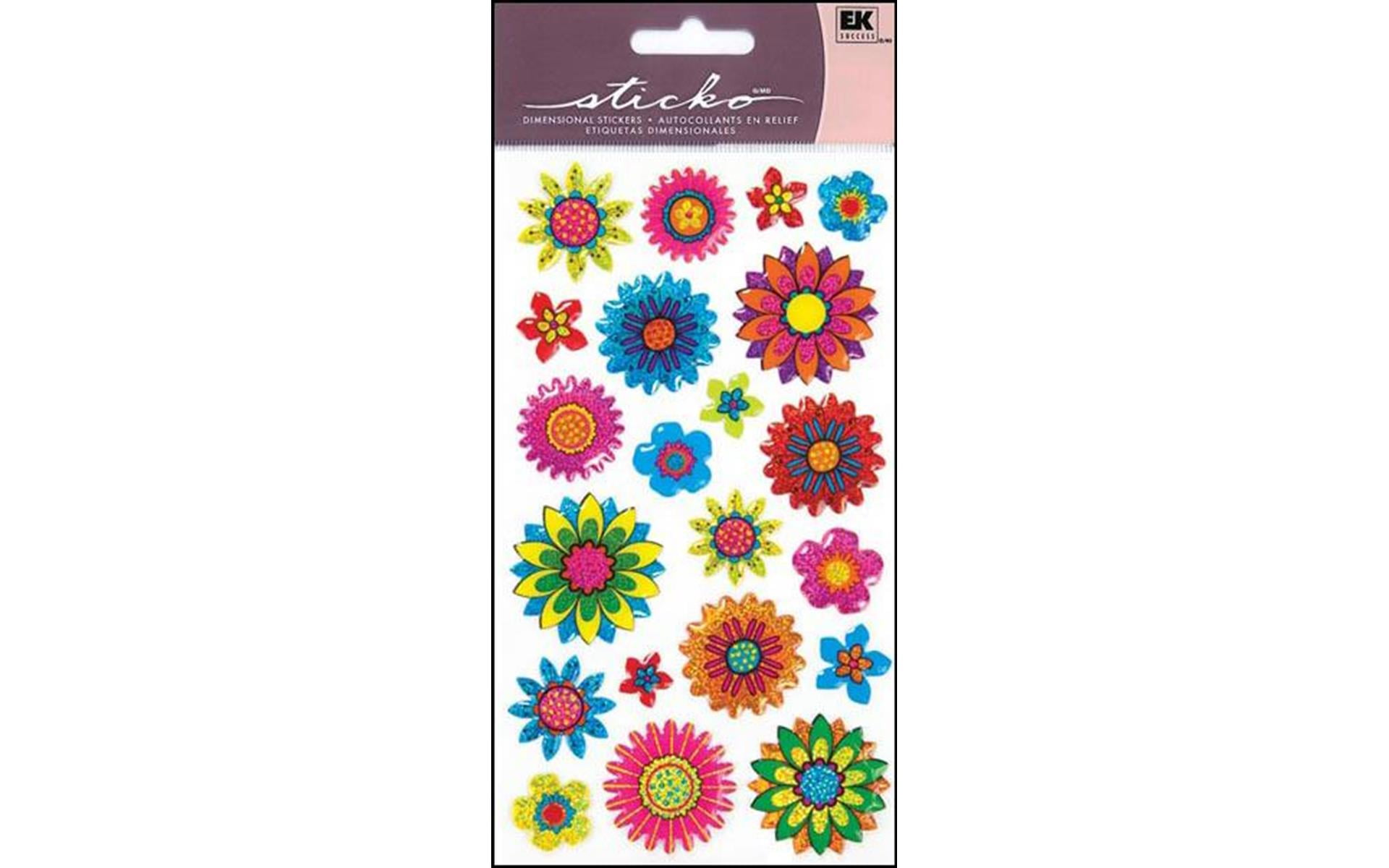 PRETTY FLORAL Sticko Glitter Raised Stickers Brightly Coloured Flowers 