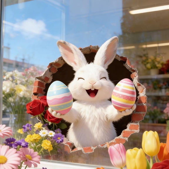 3D Easter Bunny Wall Decal – Realistic Breakthrough Effect Sticker, Waterproof Self-Adhesive for Windows, Doors, School, Office, and Party Decor