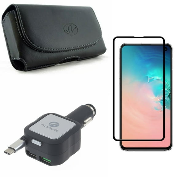 Galaxy S10e Car Charger w Case Belt Clip w Screen Protector - Retractable 4.8Amp Type-C, Leather Holster Cover, Tempered Glass 5D Curved Edge for Samsung Galaxy S10e Phone