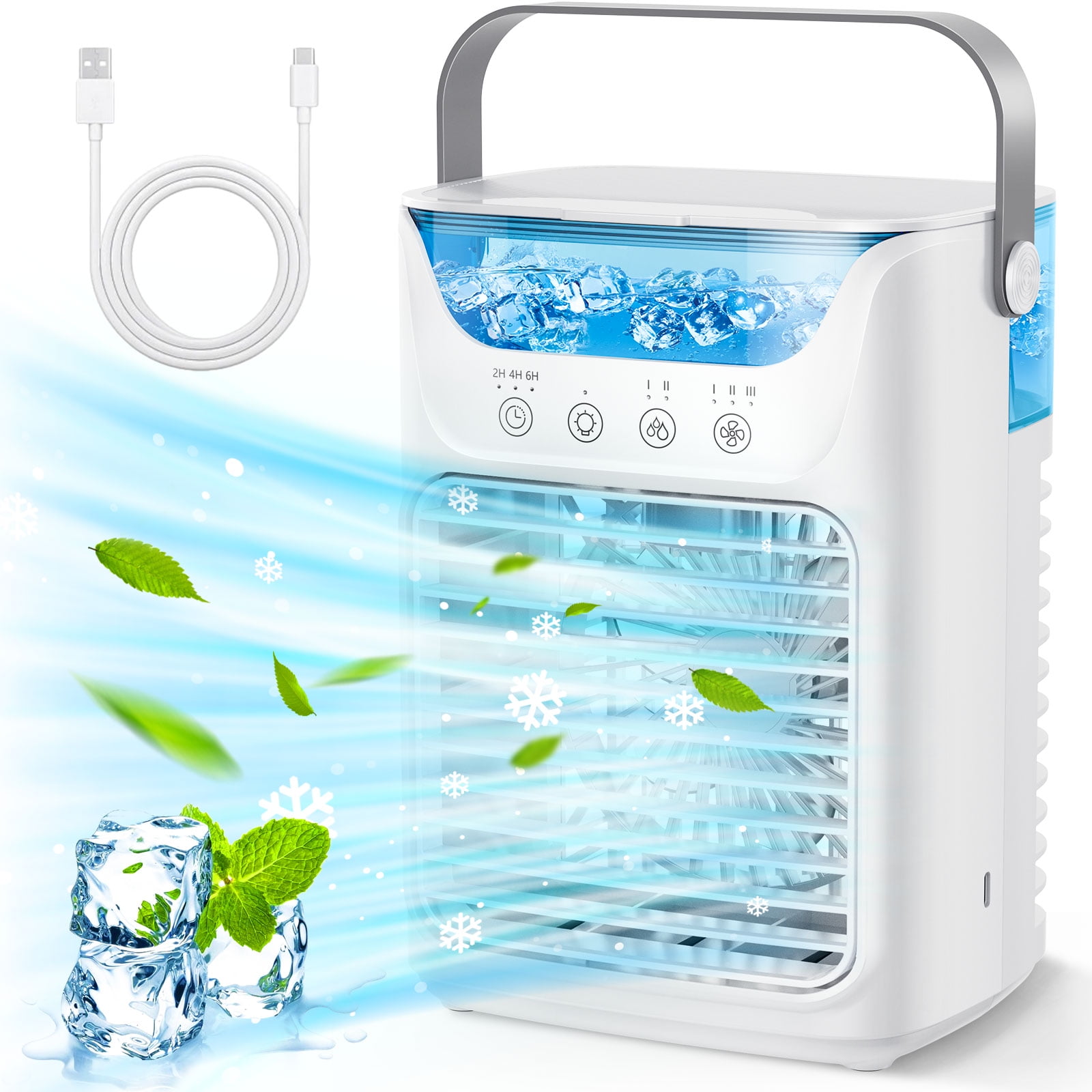 Mini Portable Air Conditioners, 3-IN-1 Evaporative Air Cooler with 4 Speeds, 700ML USB Personal Air Cooler for Home, Office, Bedroom, 7 Colors Light, Quiet Mini AC Fan for Camping, Car, RV, Travel