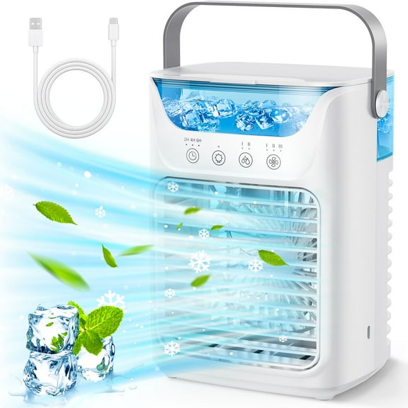 Flaremore Portable Air Cooler Fan with Water Tank, 3 Speeds & 3 Timer Settings, Personal Evaporative Cooler with Cold Mist & 7-Color Night Light, USB Powered Mini Desk Fan for Home Office Bedroom