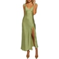 thumbnail image 1 of Vestido KOUNAI de verano de satén con encaje sin espalda y cuello en V maxi oliva, 1 of 4