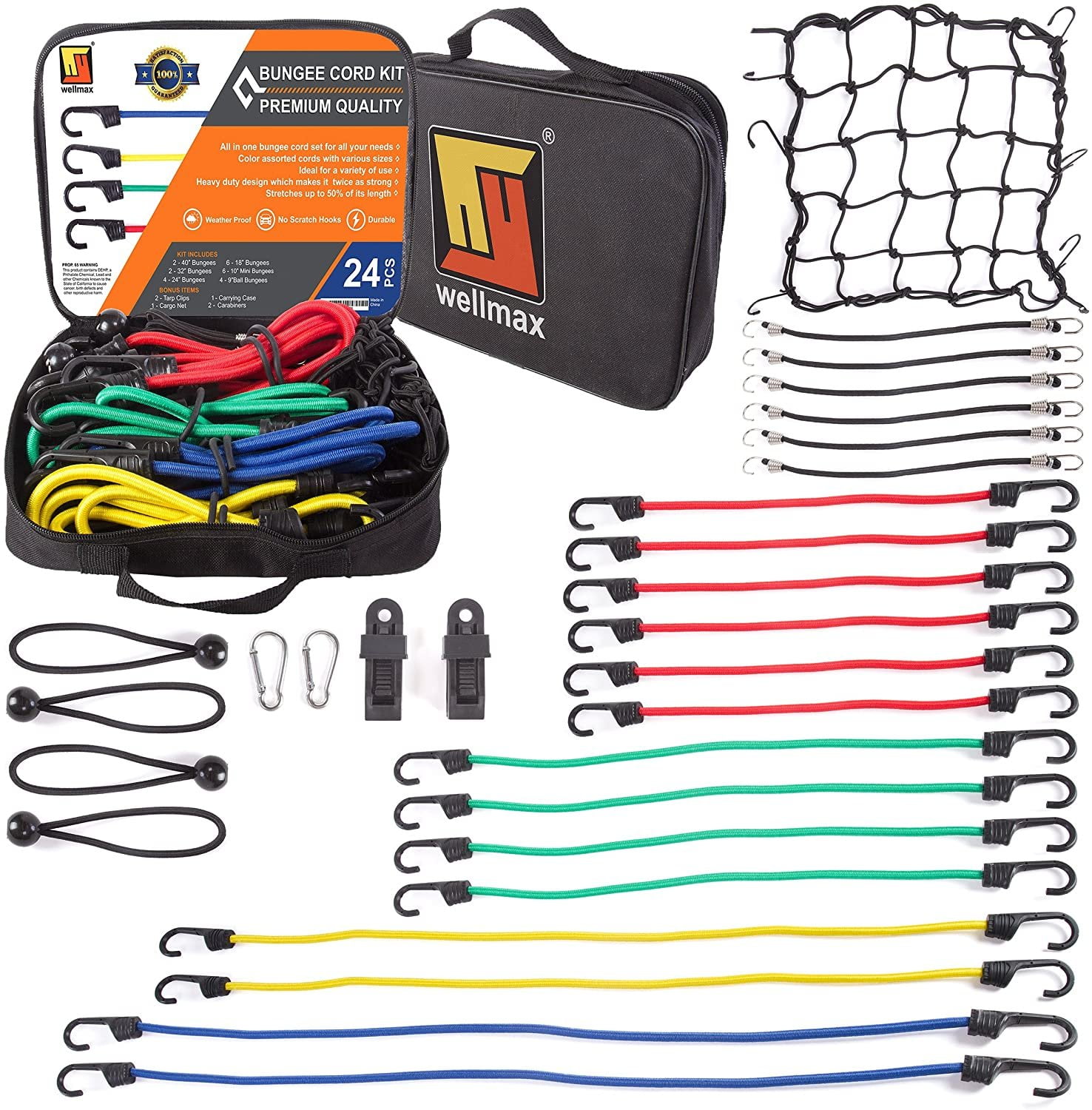 24 Piece Set W/Canopy Ties & Ball Bungees Plastic Coated Metal Hooks Bungee Cord 