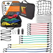 Wellmax Bungee Cords Hook Assortment Bag, 28pc Set with Bonus Cargo Net Cover and Canopy Ties Attached with Plastic Coated Metal Hooks