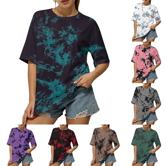 AKOEE Tie Dye T-Shirts Womens Oversized Fit Summer Crewneck Short Sleeve Tops Loose Casual Workout Tees (XL, Black)