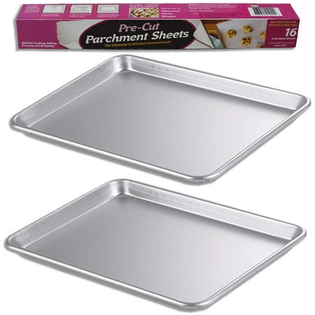 2 Sheet Pans (13” x 18”) + 16 Pre-Cut Parchment Papers – Half Size, for Home or Commercial Baking. Perfect Bakeware Supply set for gifts, for new and experienced bakers alike