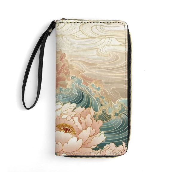 Womens Wallet Bifold Ladies Cluth Bag Wristlet Wrist Strap Long Purse Wave Peony Design