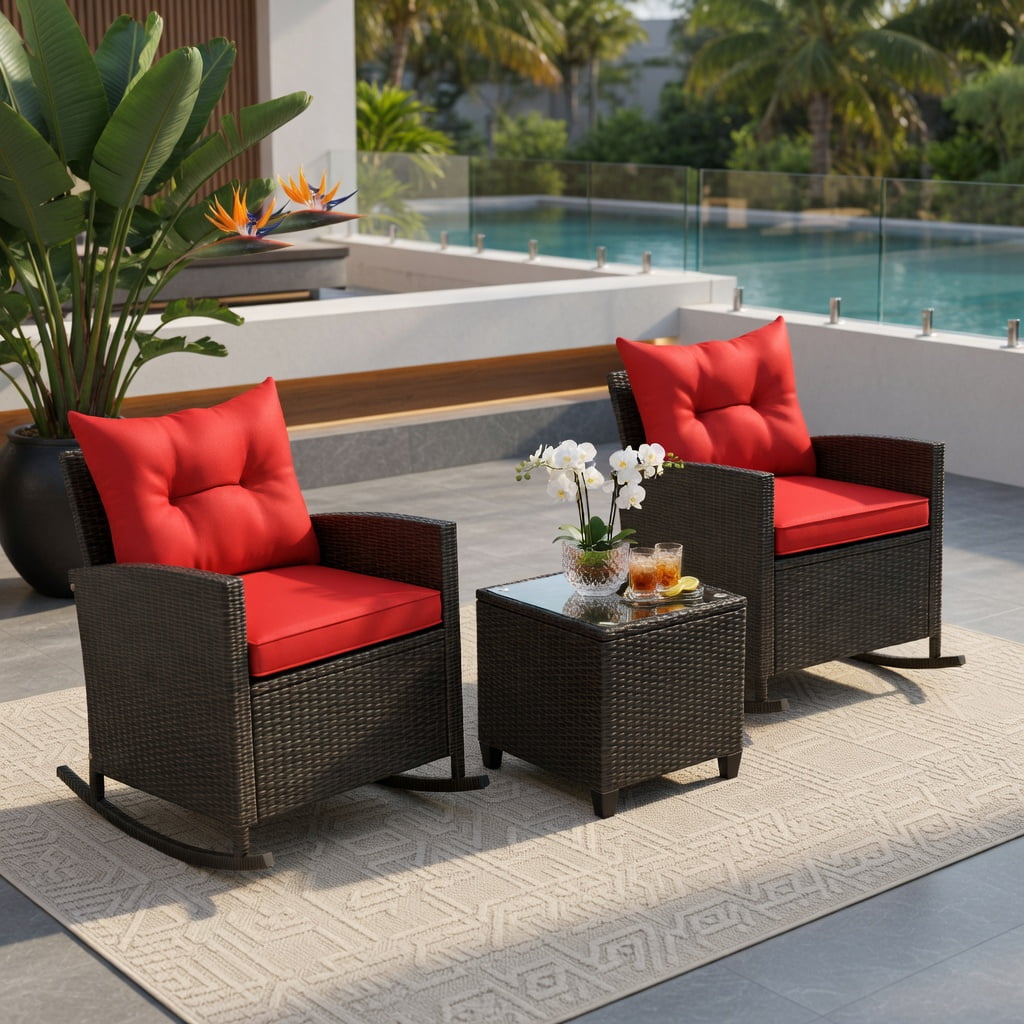 Hommoo 3-Piece Outdoor Rattan Rocking Chair Set with Tempered Glass Coffee Table & Removable Cushions, Red