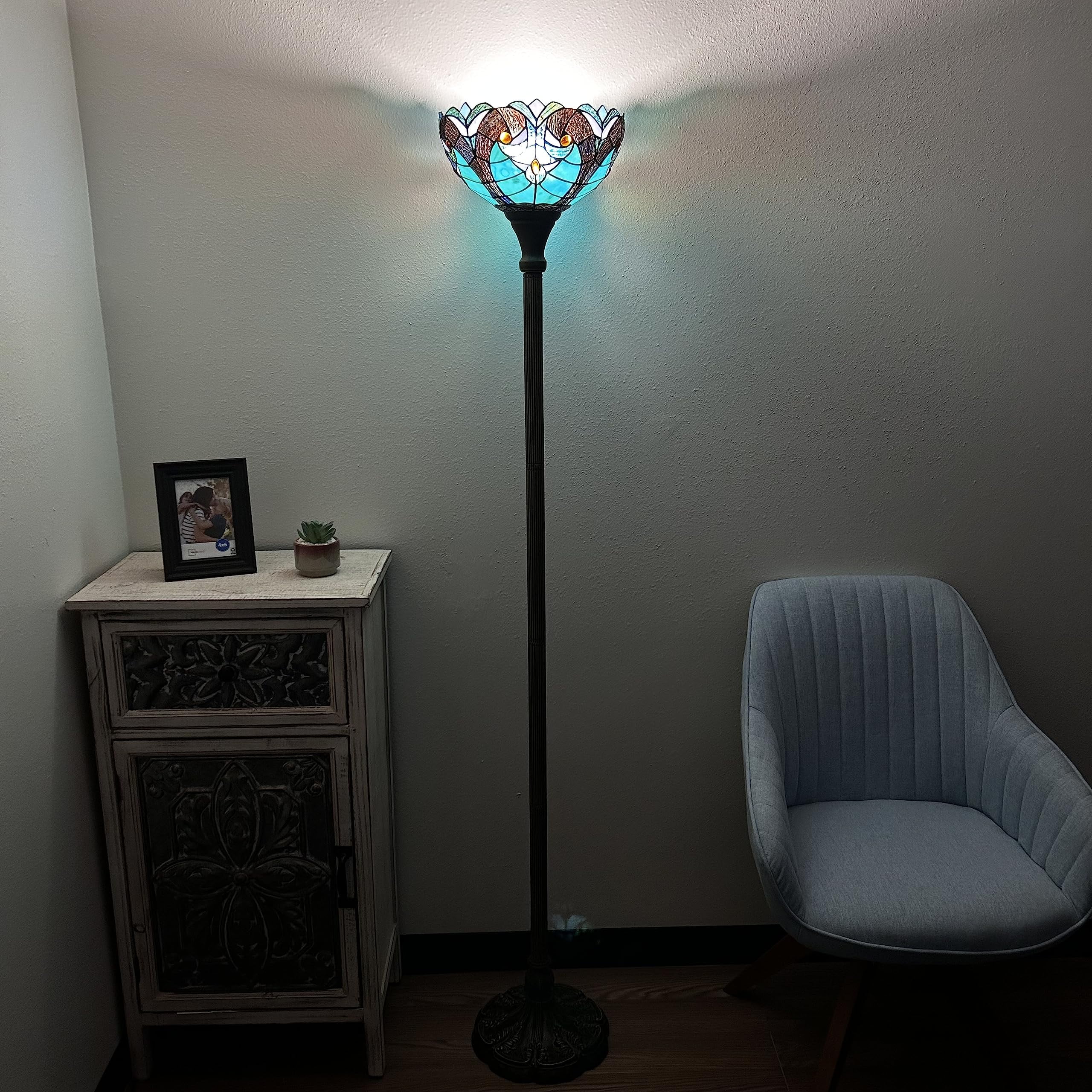Tiffany Torch Floor Lamp Green Brown Stained Glass Liaison LED Bulb Included for Living Room Dining Room Bedroom 12"W*12"D*66"H