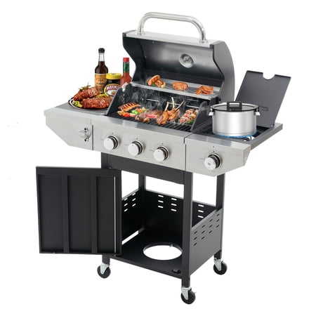 Ufurpie 3 Burners BBQ Propane Gas Grill Side Burner & Thermometer,Stainless Steel 37150 BTU Output Stainless Steel Grill for Outdoor Patio Garden Barbecue(3-Burners Grill),Silver