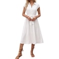 thumbnail image 2 of Women Midi Button Down Shirt Dress Collared Cap Sleeve Pleated Tie Waist Flowy Elegant Dress White S, 2 of 9