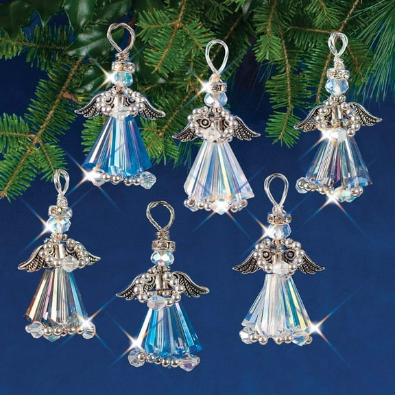 Solid Oak Nostalgic Christmas Beaded Crystal Ornament Kit-Crystal Angels Silver Makes 6