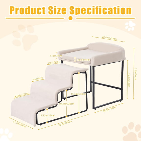 Dog Steps with Beside Pet Bed Set for Small Dogs and Cats, Sturdy Metal Frame Soft Cushion Window Perch Sofa Climbing Stairs