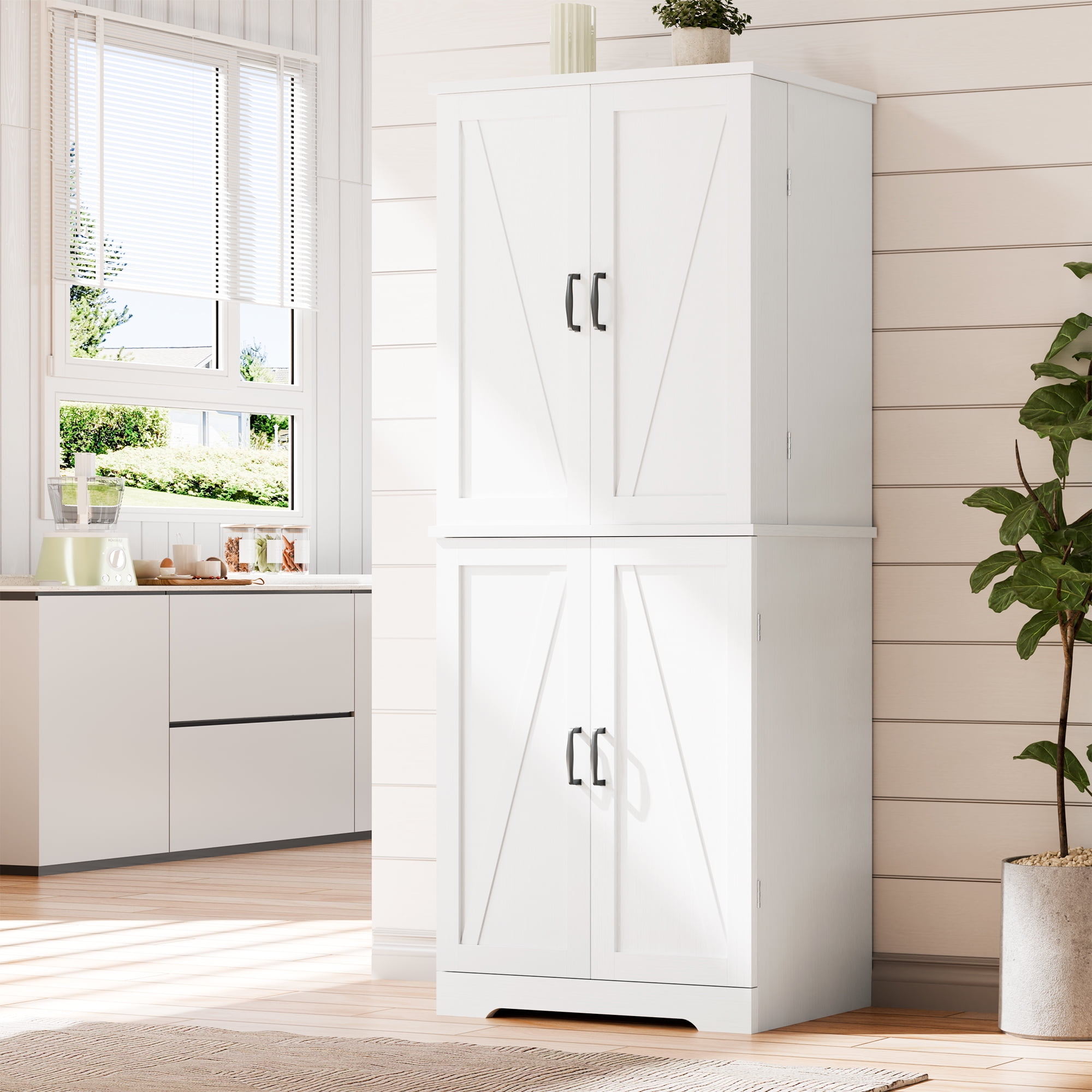 Walsunny Pantry Cabinets with Drawer Doors Shelves 67 Inches Tall Wooden Food Storage Cabinet Freestanding for Microwave Kitchen Storage Dining Room White