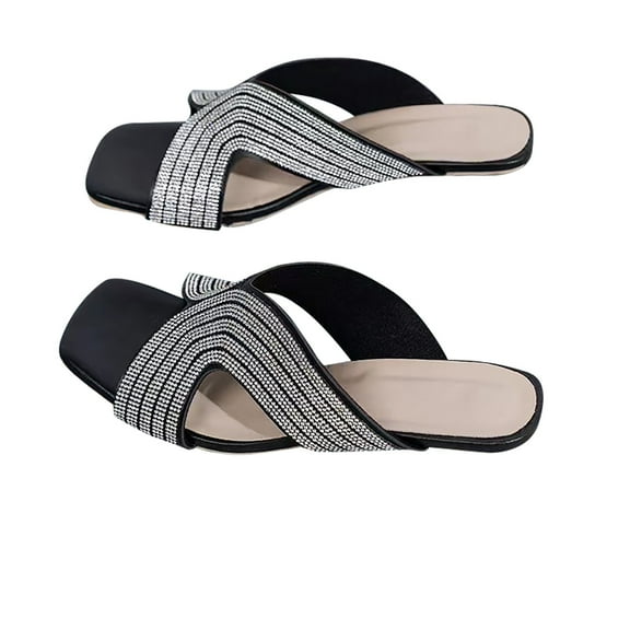 Nrmvnmi Women's High Heels Slides Open Toe Rhinestone Summer Chunky Heels Mules Square Toe Sandals Slip on Slides Dress Shoes Black Mothers Day Gifts