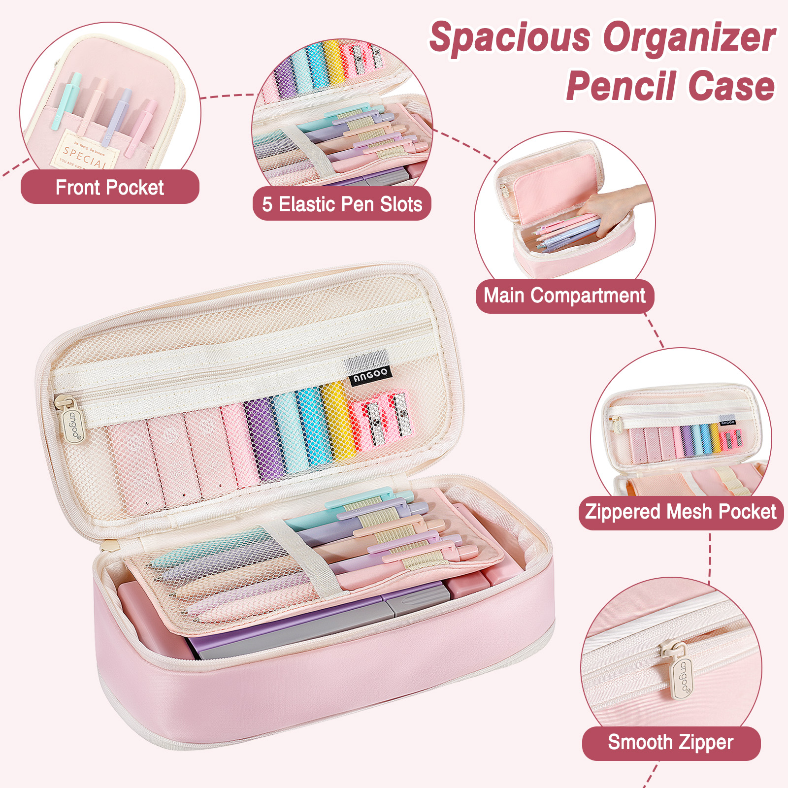 Set de útiles escolares aesthetic MoKo de 59 piezas con cartuchera, para adolescentes y universidad, rosa 3