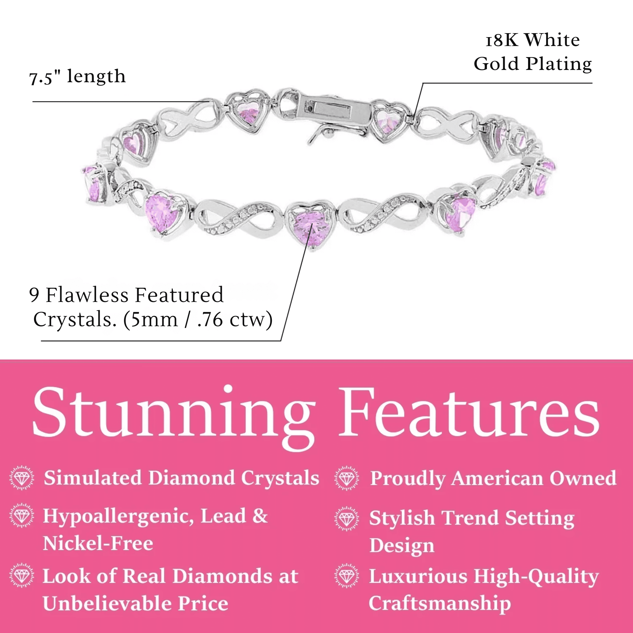 Cate & Chloe Amanda 18k White Gold Plated Pink Heart Bracelet with Simulated Diamonds for Women